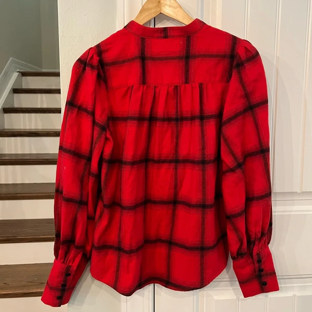 Banana Republic Red Plaid Puff Sleeve Blouse Women’s Size XS